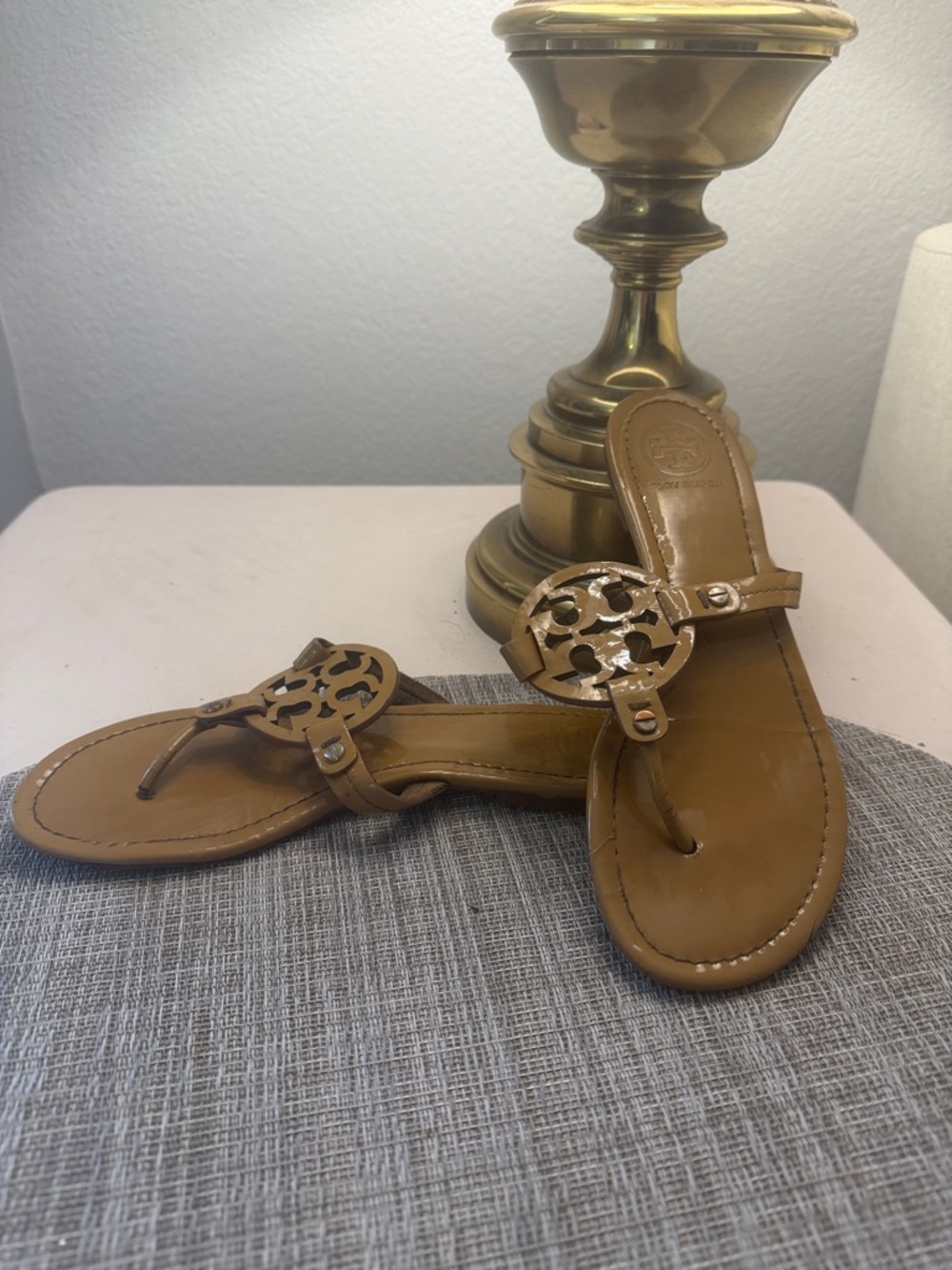 Tory Burch Brown Leather Miller Logo Thong Sandals